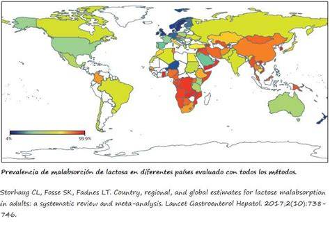 Mapa mundial de la prevalencia de la intolerancia a la lactosa por regiones