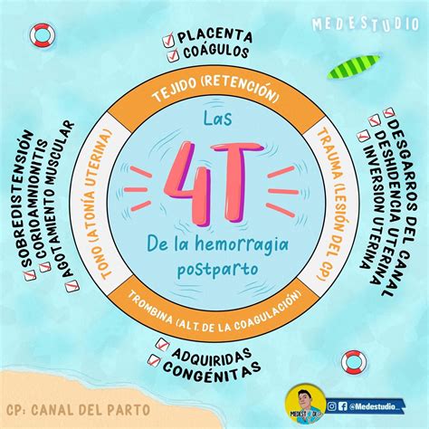 Infografía sobre la regla de las 4T como base para el diagnóstico de la hemorragia posparto.