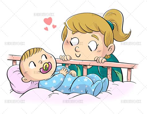 Hermana mayor mostrando un juguete a su hermanito en una cuna