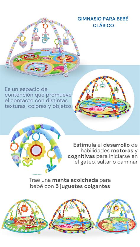 Bebé interactuando felizmente con los juguetes colgantes de un gimnasio infantil