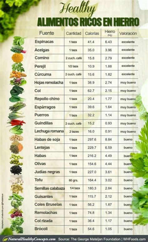 Tabla comparativa de alimentos ricos en hierro y su biodisponibilidad.