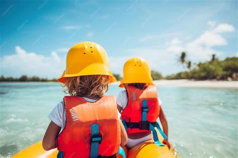 Bebé con chaleco salvavidas en la orilla de la playa con un adulto