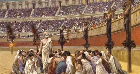 Ilustración de mártires cristianos siendo interrogados por un prefecto romano