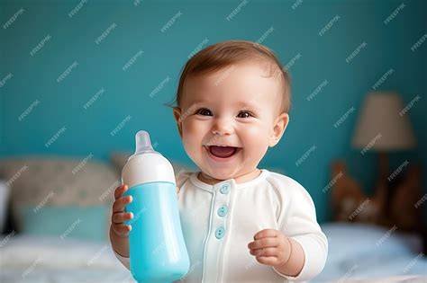 Bebé sonriendo mientras toma biberón, con fondo limpio y aséptico