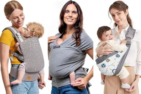 Foto de padres usando diferentes tipos de mochilas portabebés en entornos cotidianos