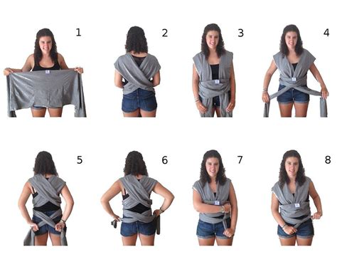 Secuencia de imágenes mostrando cómo ajustar el fular para amamantar.