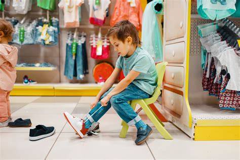 Niño probándose ropa en una tienda, junto a una tabla de tallas