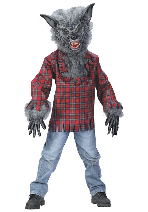 Ilustración detallada del disfraz de hombre lobo gris para niño, mostrando la máscara, la camisa, el pantalón y los guantes.