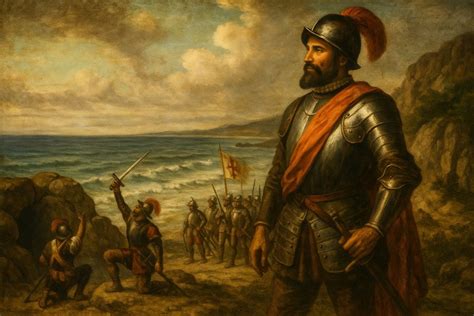Litografía que representa a Núñez de Balboa tomando posesión por España del océano Pacífico