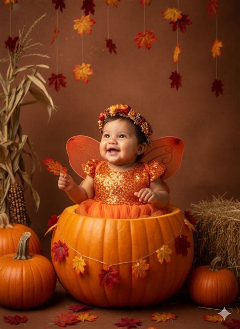 Bebé con falda de tul naranja y diadema de calabaza
