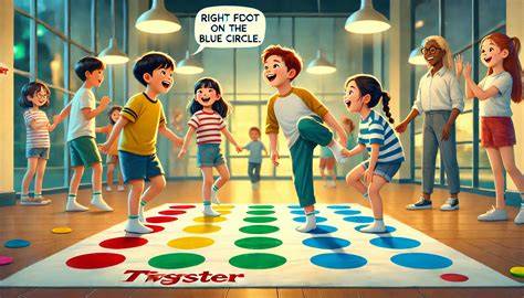 Ilustración de personas jugando al Twister con globos bajo la ropa