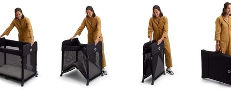 Esquema con las dimensiones de la cuna de viaje Merida Linen abierta y plegada