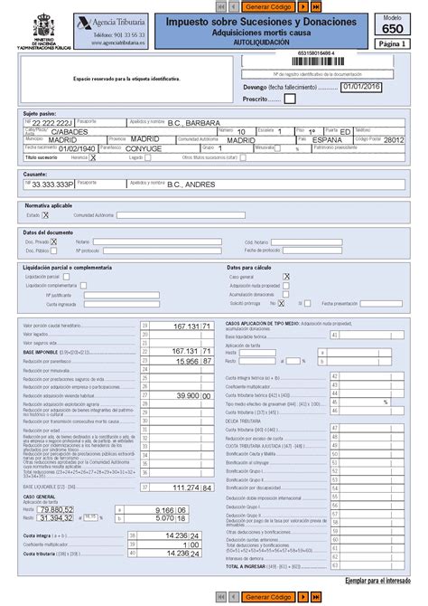 Documento de modelo 650 para autoliquidación del Impuesto de Sucesiones
