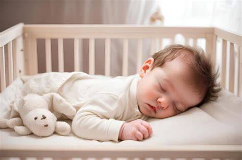 Bebé durmiendo plácidamente en una cuna de viaje con sábanas y un peluche.