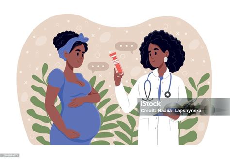 Ilustración de una mujer embarazada hablando con un ginecólogo