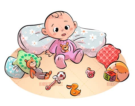 Ilustración de un bebé interactuando con un sonajero y escuchando música.