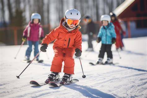 Fotografía: Niños esquiando felizmente en la nieve con guantes