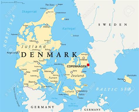 mapa de Dinamarca destacando Copenhague, Billund y Odense