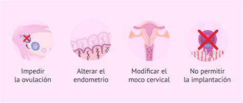Diagrama: Mecanismos de acción de los anticonceptivos hormonales (prevención de ovulación, bloqueo de espermatozoides, efecto posfertilizante)