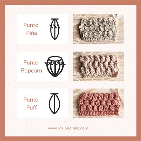 infografía comparativa sobre tipos de puntos de crochet (punto puff, punto granny, punto red) ideales para mantas infantiles