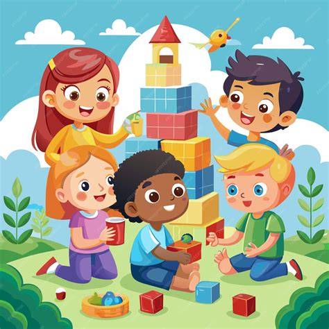 Ilustración de niños construyendo una historia con imágenes de dados