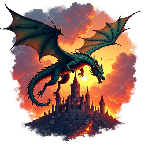 Imagen de un dragón volando sobre un castillo de fantasía