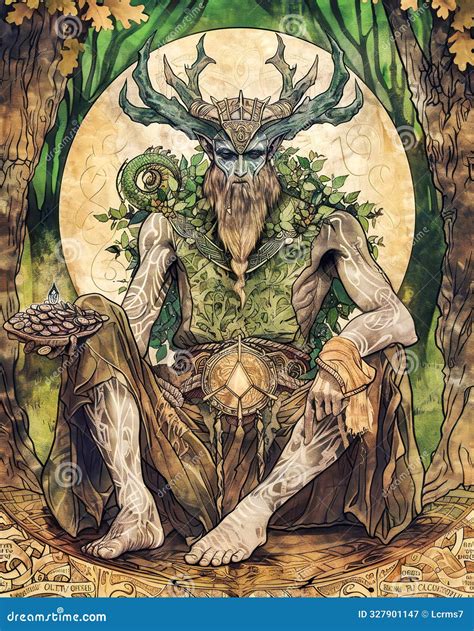 Ilustración de Cernunnos, dios celta de la fertilidad, la naturaleza y los animales, con astas de ciervo y sentado en posición de loto, rodeado de flora y fauna.