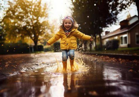 Niños saltando en charcos con botas de agua en otoño
