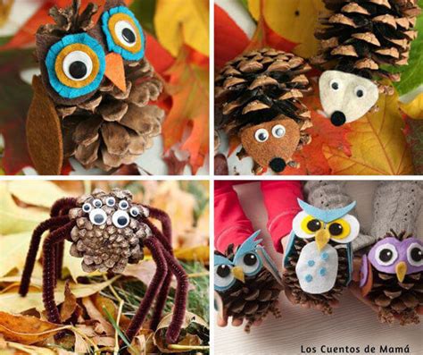 Mesa con niños haciendo manualidades de otoño con hojas y piñas