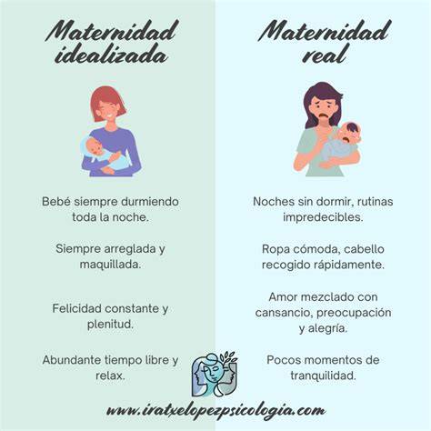 Infografía que ilustra la diferencia entre el ideal social de la maternidad y las realidades del maltrato psicológico y narcisismo materno.