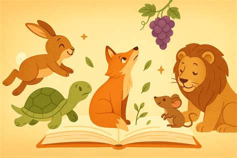 ilustraciones de fábulas de Esopo con animales humanizados