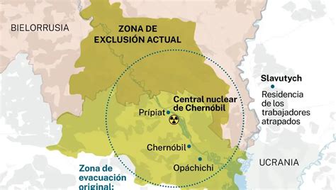 Mapa de la zona de exclusión de Chernóbil y sus límites.