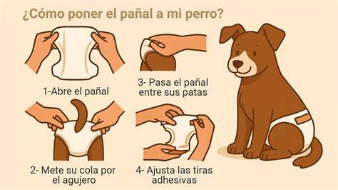 Ilustración paso a paso de cómo poner un pañal a una perra
