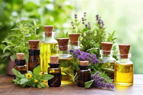 Aceites naturales (romero, coco, ricino) en pequeños frascos con plantas aromáticas.