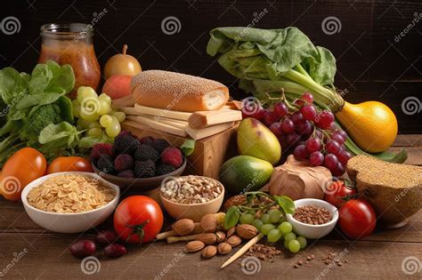 Mesa con variedad de frutas, verduras, pescado y cereales integrales