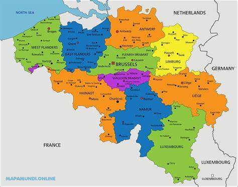 Mapa de las regiones lingüísticas de Bélgica y ubicación de escuelas de enfermería y especialización