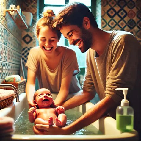 Fotografía de un padre bañando a su bebé con cuidado y utilizando los elementos necesarios a mano.