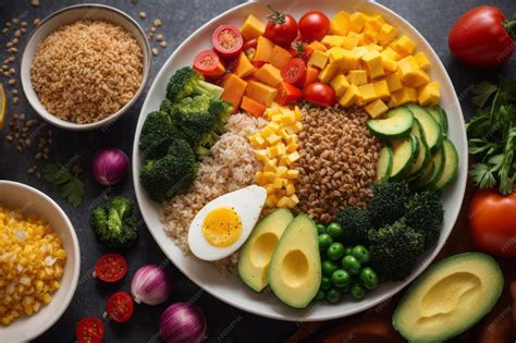 Plato variado con frutas, verduras, granos integrales y proteínas magras