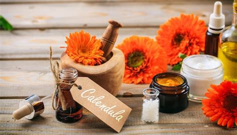 flores de caléndula y productos de cuidado con caléndula