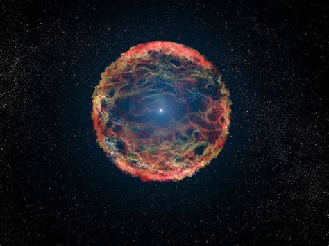 Representación artística de una supernova dispersando elementos pesados en el cosmos.