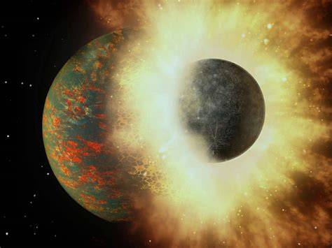 Esquema ilustrativo que muestra la colisión de un protoplaneta contra la joven Tierra y la posterior formación de un disco de detritos alrededor del planeta.