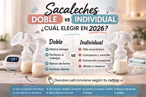Infografía comparativa entre sacaleches manuales y eléctricos (características, frecuencia de uso y portabilidad).