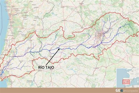 mapa detallado de la cuenca hidrográfica del río Tajo abarcando España y Portugal