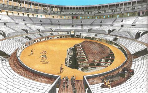 Ilustración de un anfiteatro romano con representaciones de juegos con toros y gladiadores.