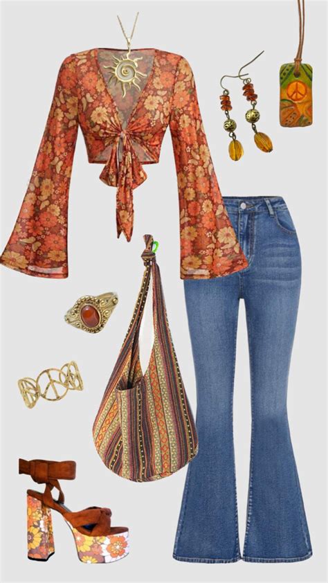 Foto de moda hippie, incluyendo prendas tie-dye y vaqueros de campana