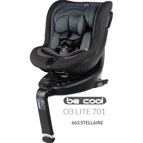 Ilustración mostrando las dimensiones de la silla de coche Nado O3 LITE Be Cool y las diferentes posiciones de instalación.