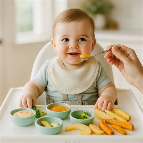 Composición de varios elementos de equipamiento para la alimentación complementaria: trona, baberos, boles con ventosa, cubiertos de aprendizaje y recipientes de almacenamiento.