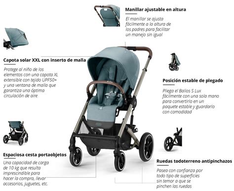 Infografía detallada del cochecito Balios S Lux, mostrando sus características principales como el sistema Travel System, la suspensión y el arnés One-Pull.