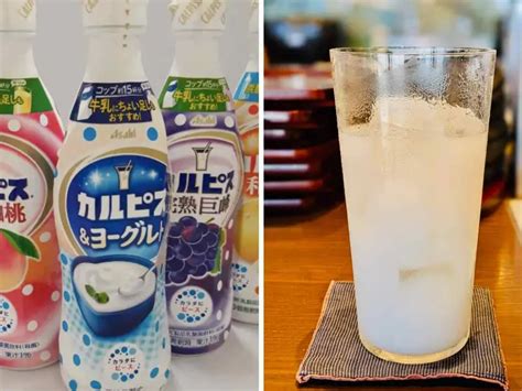 Vasos con Calpis natural y Calpis mezclado con frutas.