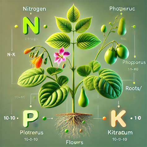 Esquema de los macronutrientes esenciales para las plantas (Nitrógeno, Fósforo y Potasio) y su función principal en el desarrollo vegetal.